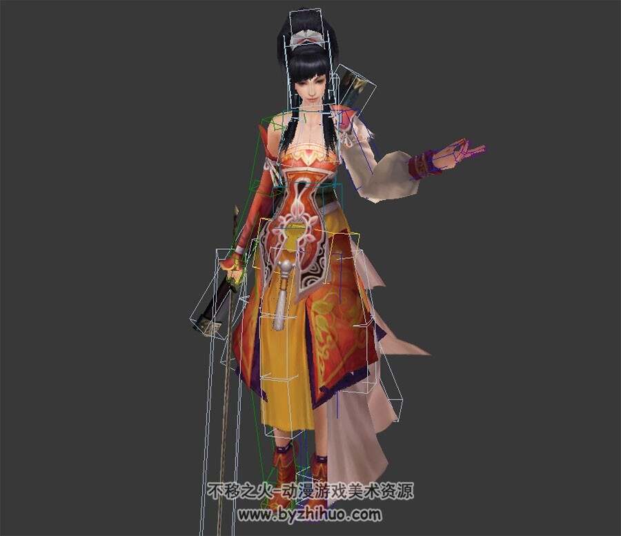 中式古装游戏人物女侠郭芙3DMax模型带绑定全套动作下载