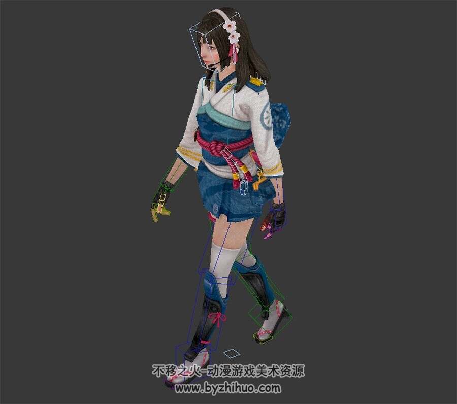 和服少女3DMax模型 奔跑行走动作带绑定下载