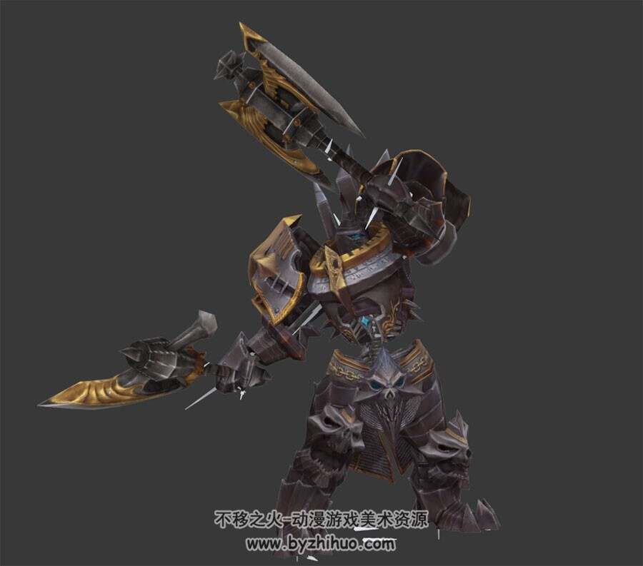 双手持斧游戏金属怪物3DMax模型带骨骼全套动作下载
