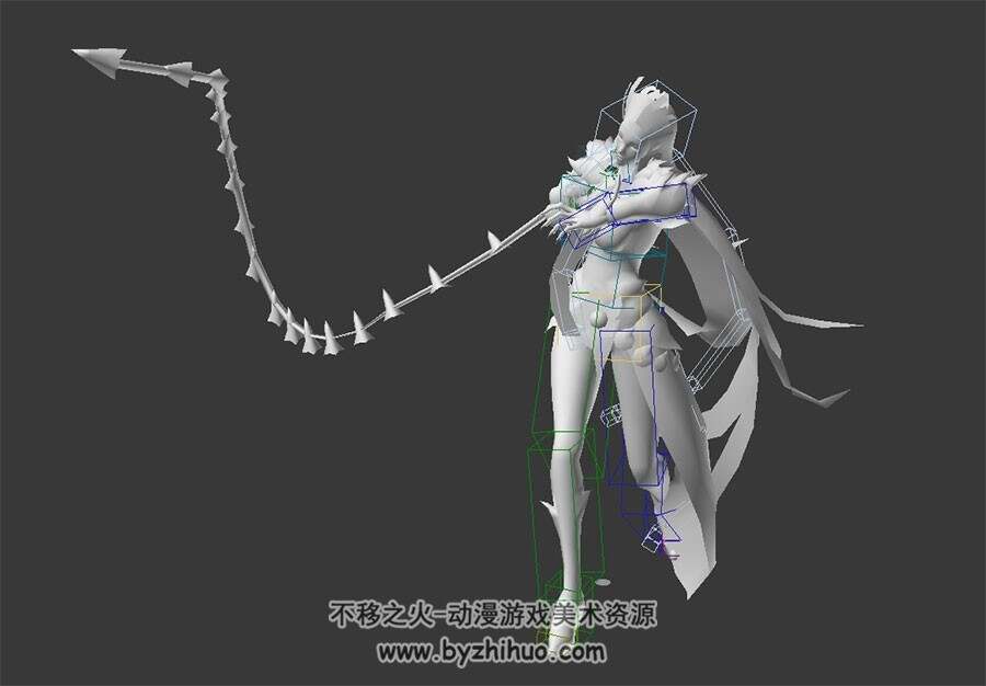 中式武侠古装女子长鞭武器攻击动作3DMax模型带绑定下载