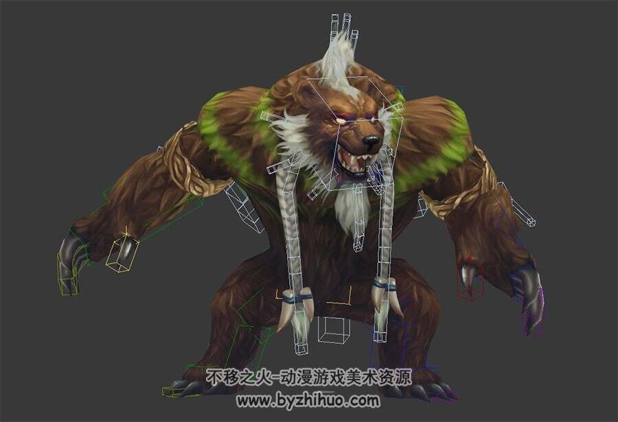 仙侠类游戏动物长毛熊3DMax模型带绑定全套动作下载