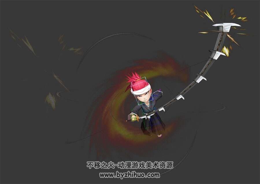 Q版忍者武士男带兵器特效攻击动作3DMax模型带绑定下载