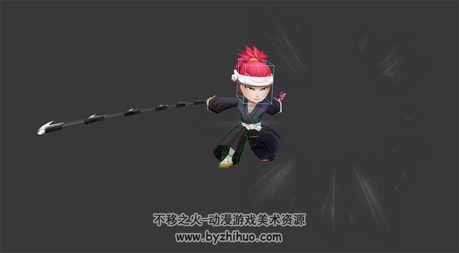Q版忍者武士男带兵器特效攻击动作3DMax模型带绑定下载