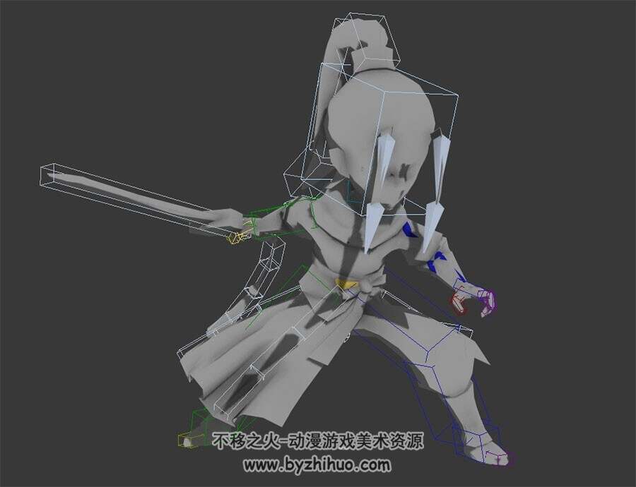 Q版游戏角色仙侠武侠男剑客全套动作3DMax模型带骨骼下载
