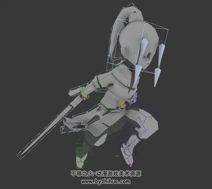 Q版游戏角色仙侠武侠男剑客全套动作3DMax模型带骨骼下载