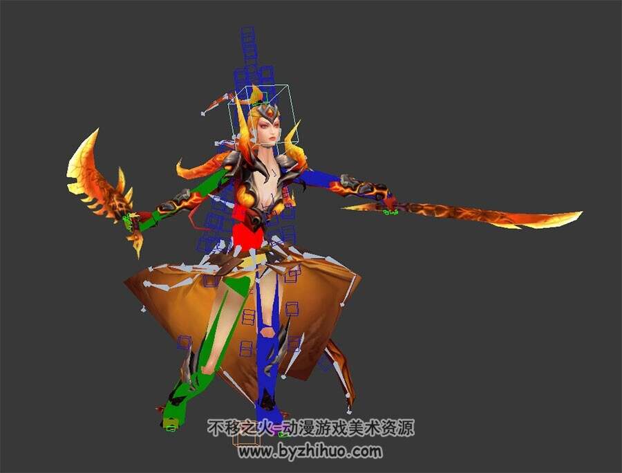 魔幻类游戏角色双刀拜火女3DMax模型待机攻击动作带骨骼下载