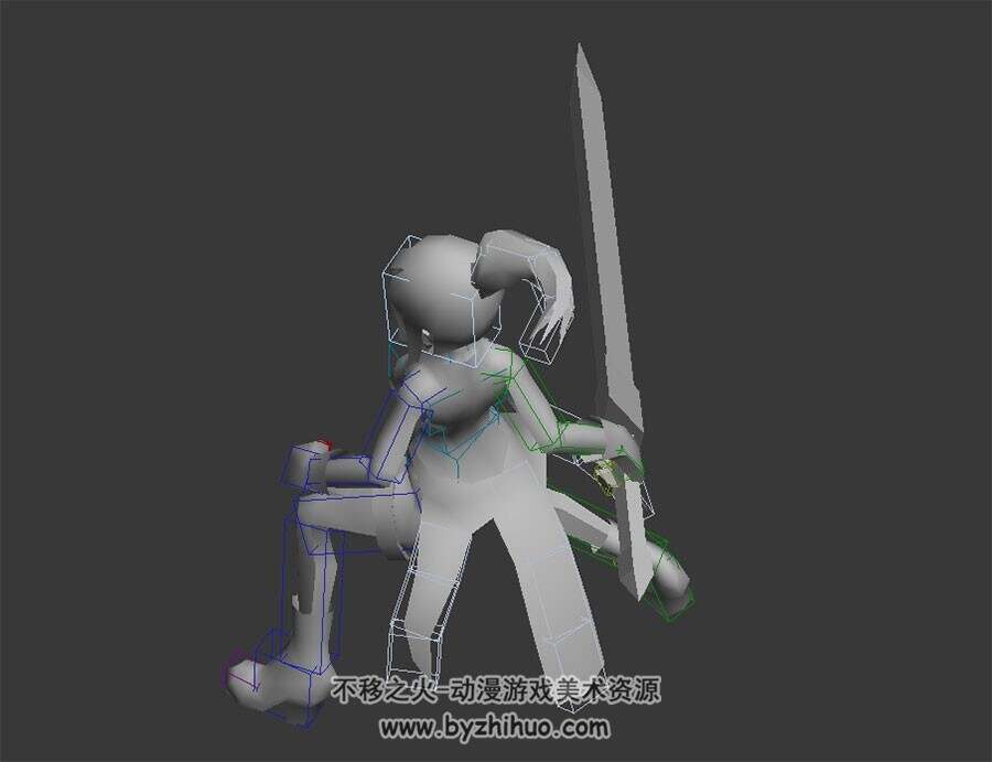 重剑攻击动作马尾女孩3DMax模型带绑定下载