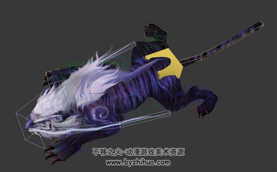 玄幻类游戏动物妖兽白毛紫虎3DMax模型带绑定全套动作下载