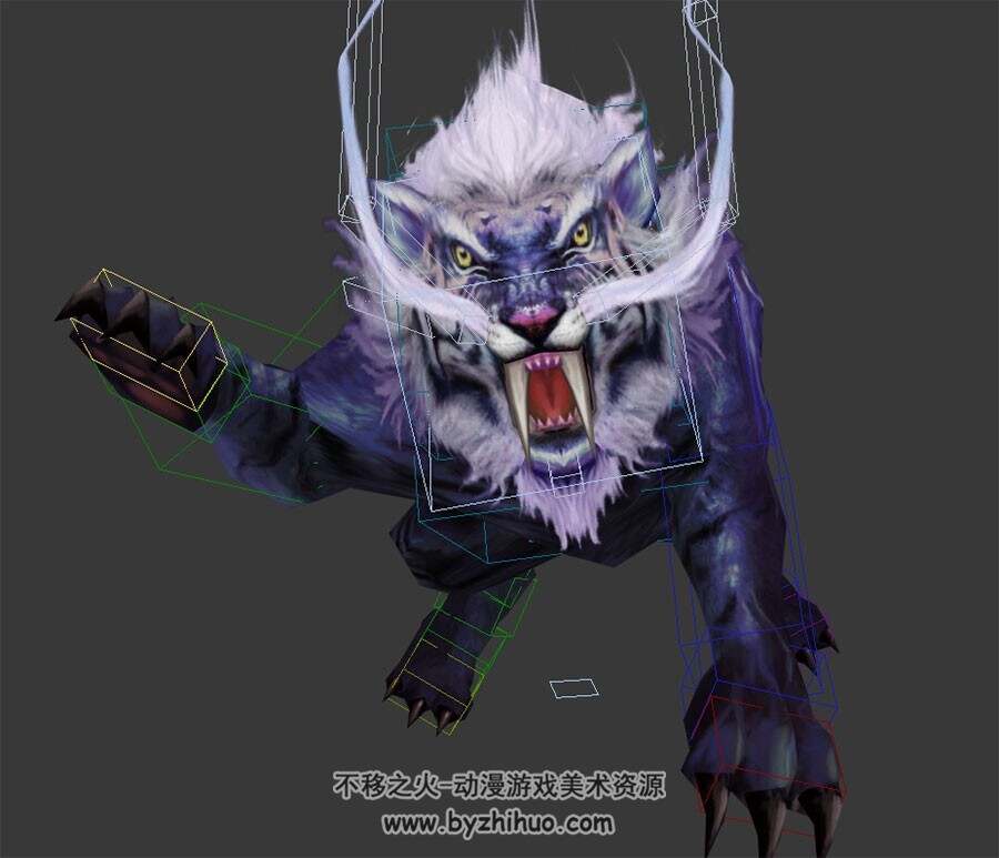 玄幻类游戏动物妖兽白毛紫虎3DMax模型带绑定全套动作下载