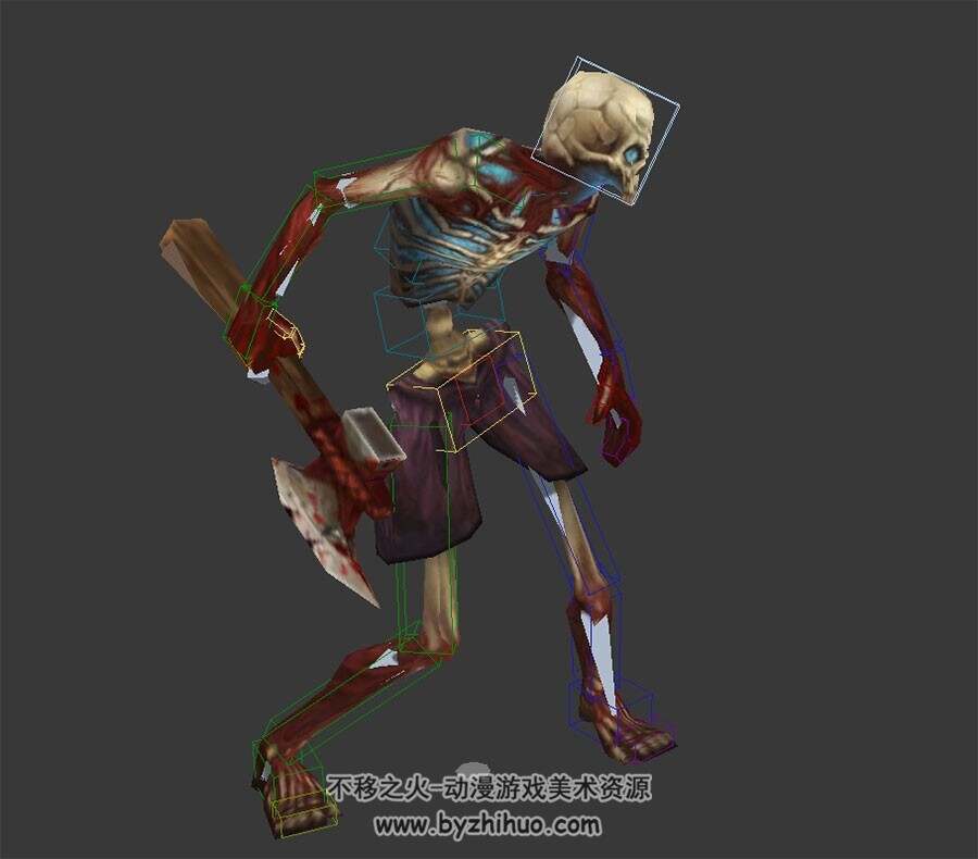 带斧骷髅3DMax模型带骨骼绑定全套动作下载