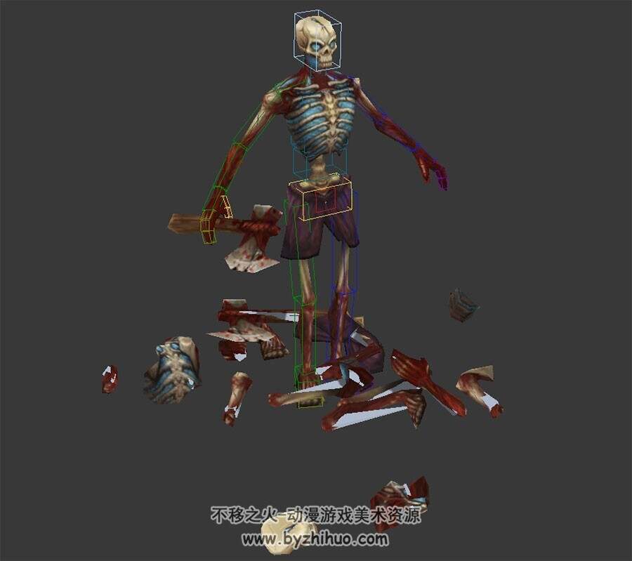 带斧骷髅3DMax模型带骨骼绑定全套动作下载