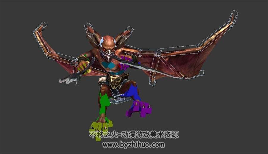 玄幻风游戏怪物妖兽蝙蝠精3DMax模型带骨骼绑定全套动作下载