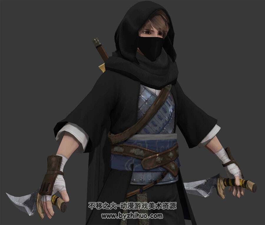 游戏角色人物少年黑衣刺客双刀武器3DMax模型下载