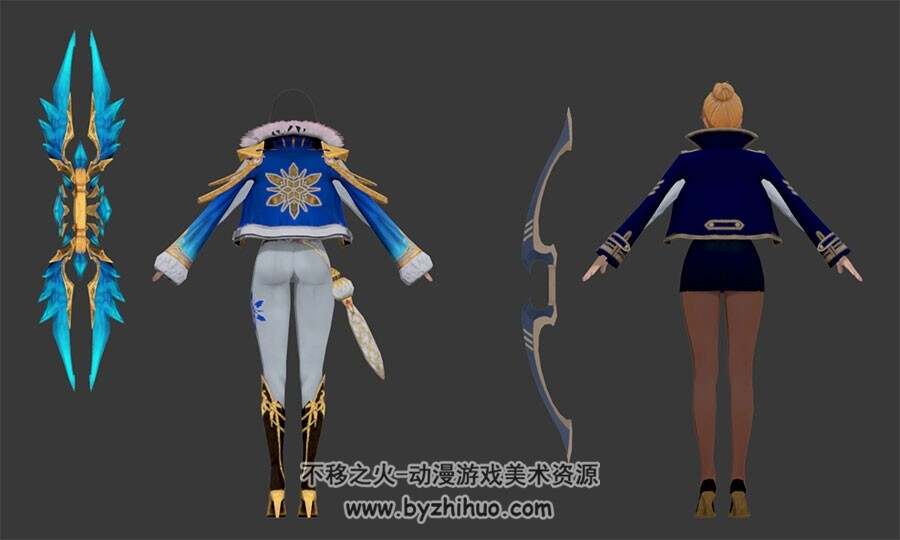两位韩式游戏角色弓箭手女3DMax模型下载