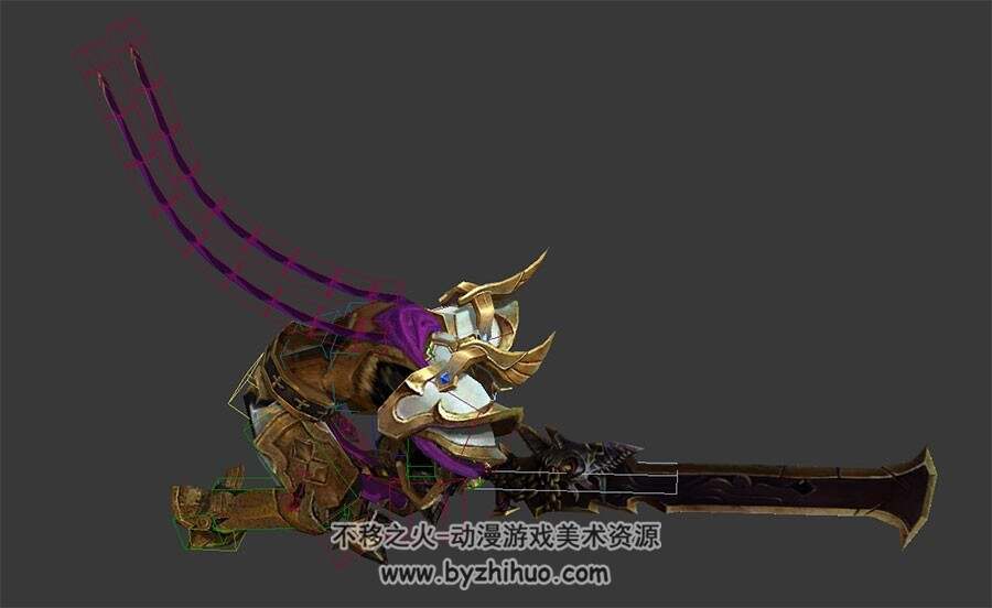 游戏角色金甲战士带刀连续攻击 死亡 跑动作3DMax模型带绑定下载