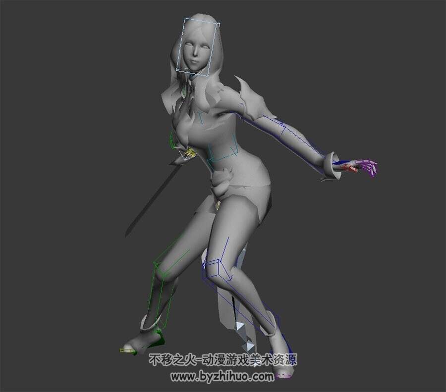 武侠类角色人物女剑客连续攻击3DMax模型带绑定下载