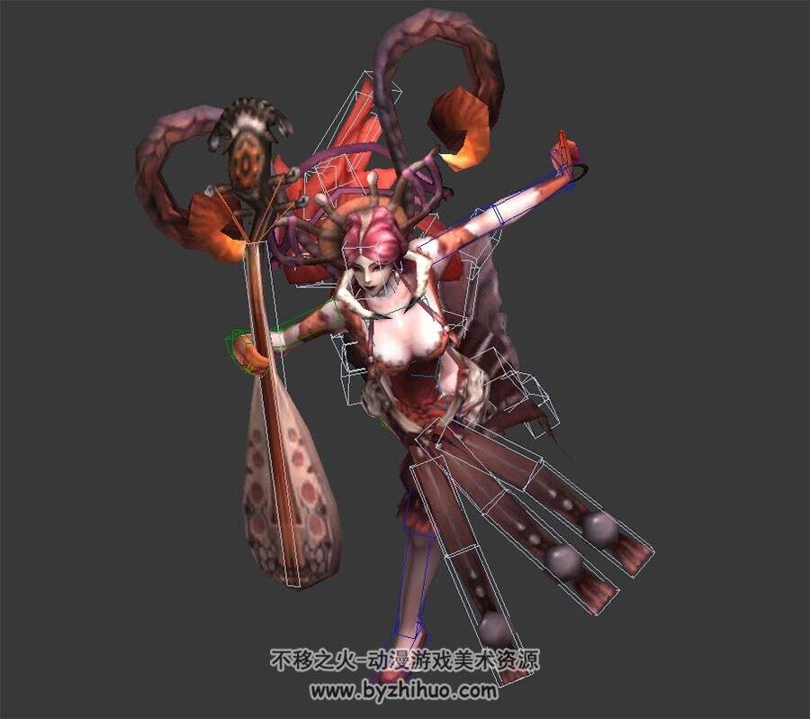 玄幻类游戏角色人物妖女琵琶女3DMax模型带绑定全套动作下载