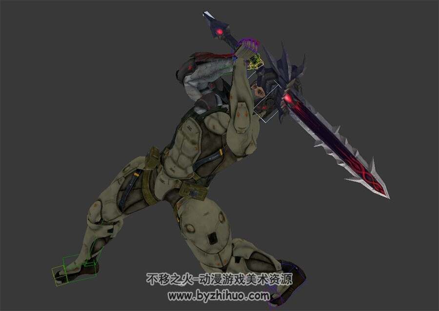 现代奇幻机械甲衣猛男汉子带剑5连击3DMax模型带绑定下载