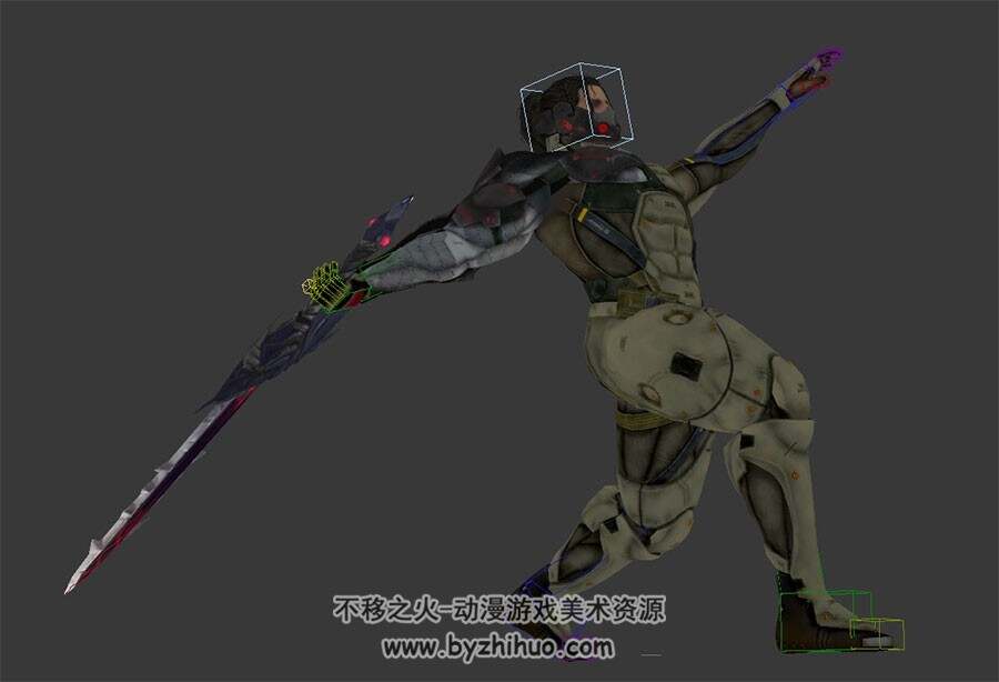 现代奇幻机械甲衣猛男汉子带剑5连击3DMax模型带绑定下载