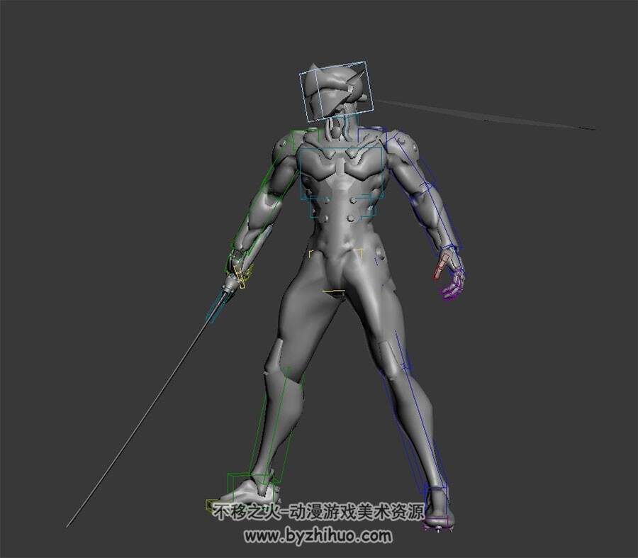 现代科幻武士日式武刀攻击动作3DMax模型带绑定 四边面