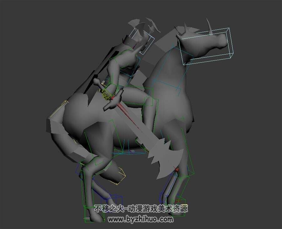 骑马男子带刀走路 跑步 死亡动作3DMax模型带绑定无贴图下载