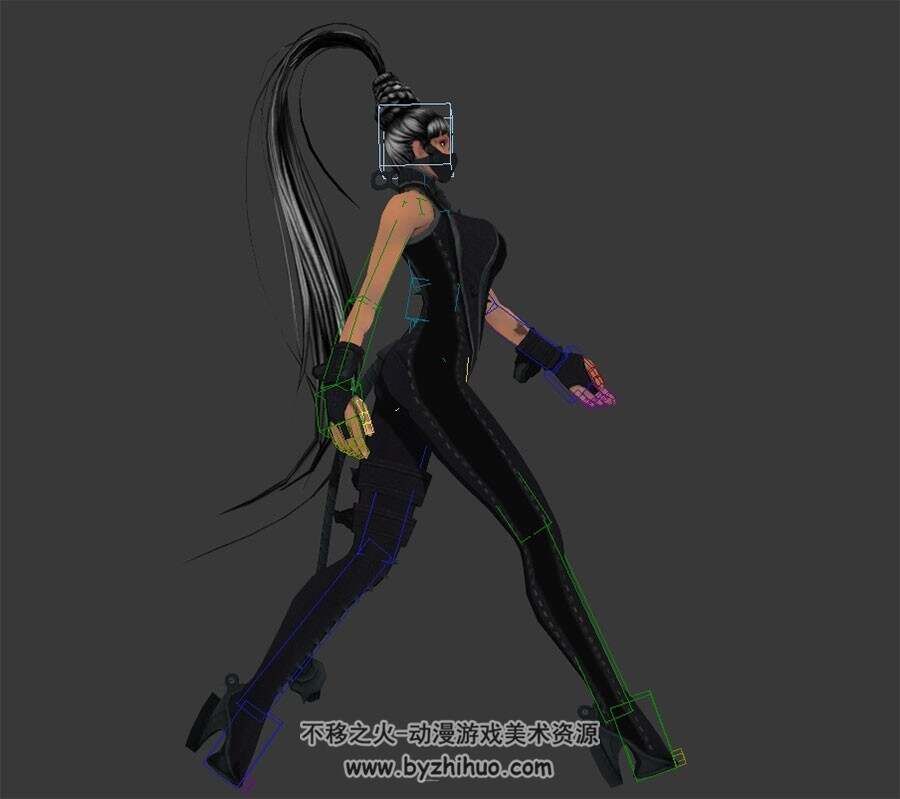 游戏角色人物黑衣龙女魔女3DMax模型带绑定行走动作下载