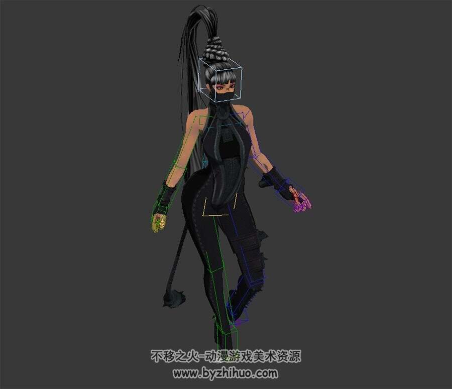 游戏角色人物黑衣龙女魔女3DMax模型带绑定行走动作下载