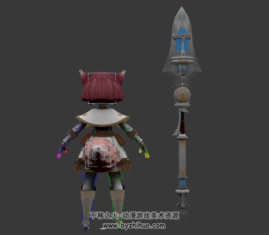 玄幻类游戏带兵器可爱的狐女小兵3DMax模型含绑定下载