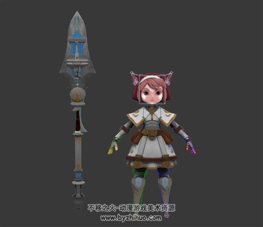 玄幻类游戏带兵器可爱的狐女小兵3DMax模型含绑定下载