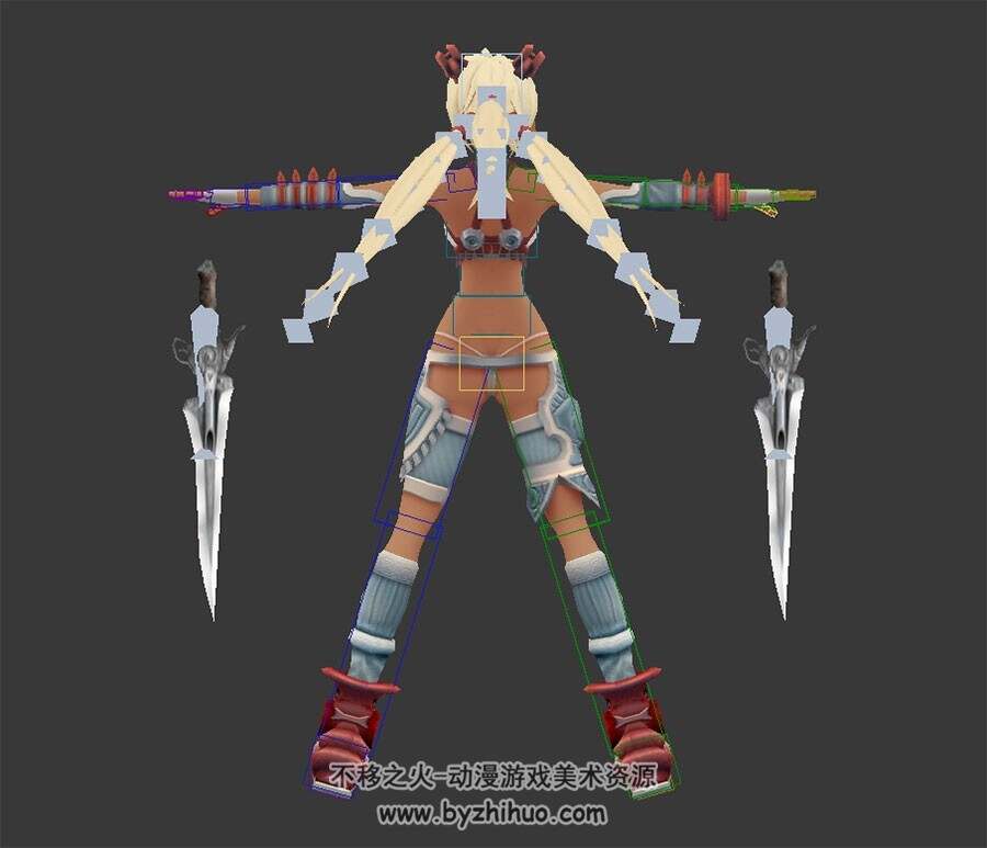 游戏奥尼之刃角色女带兵器3DMax模型带绑定骨骼下载