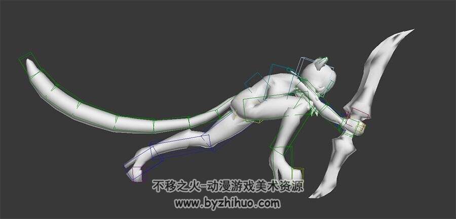 游戏角色人物兽女刺客3DMax模型带绑定无贴图攻击动作下载