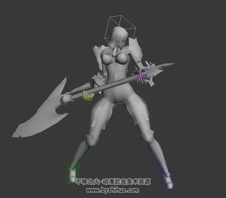 游戏角色斧头力士女3DMax模型无贴图全套动作下载