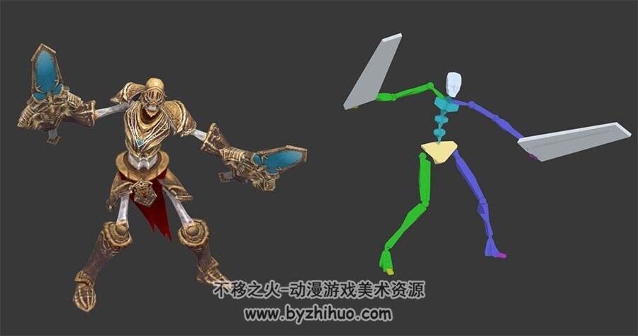 游戏怪物生物双剑骷髅怪3DMax模型带骨骼攻击动作下载