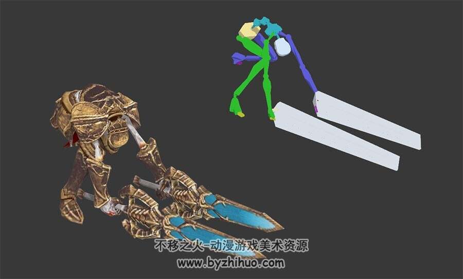 游戏怪物生物双剑骷髅怪3DMax模型带骨骼攻击动作下载