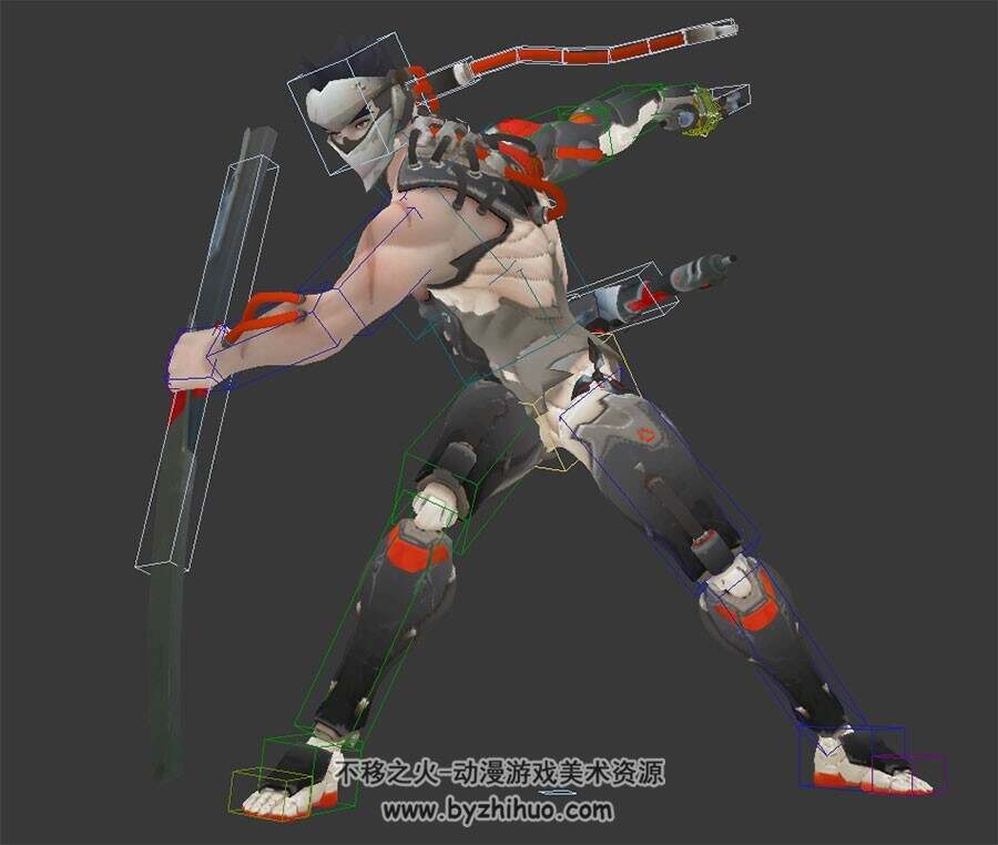 游戏角色硬核武士带刀3DMax模型连击动作带绑定下载