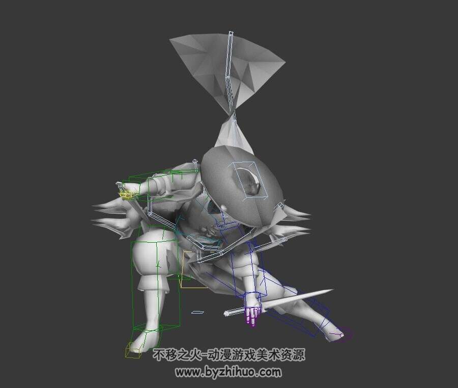 古装双手剑客斗笠男剑客3DMax模型带绑定技能动作下载