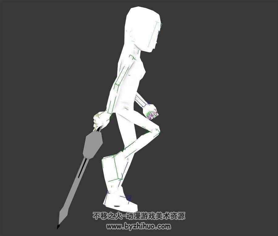 游戏角色女带绑定持剑奔跑动作的3DMax白模下载