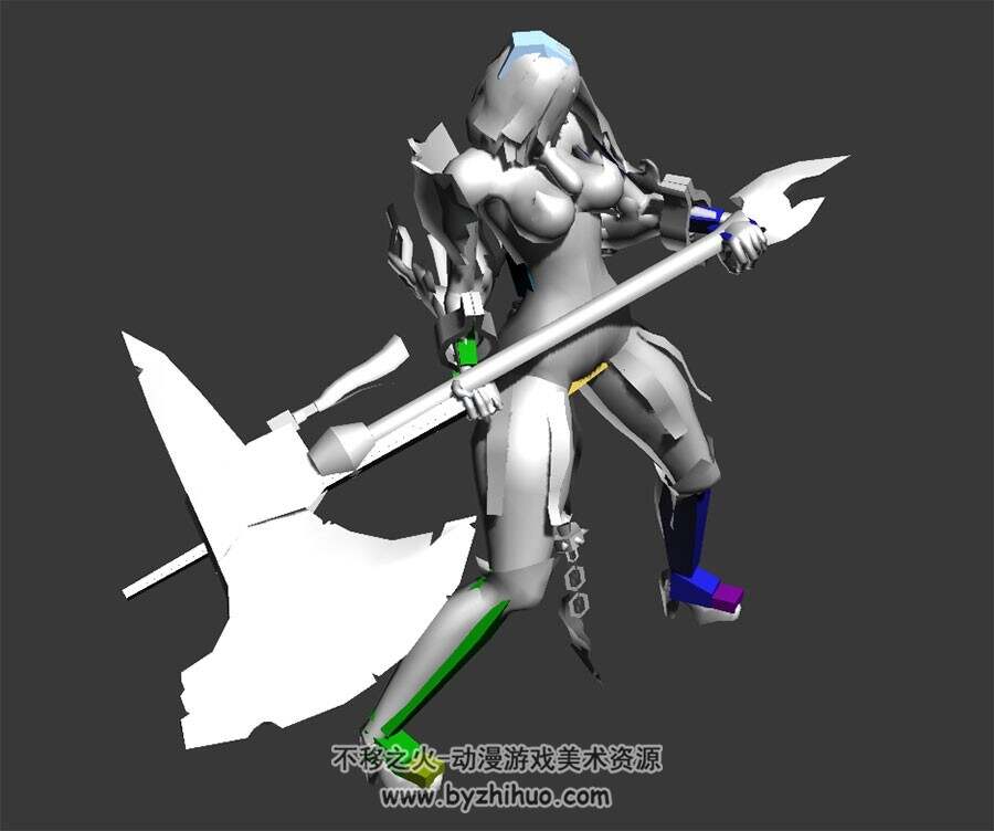 带骨骼巨斧力士女待机动作游戏角色3DMax模型分享