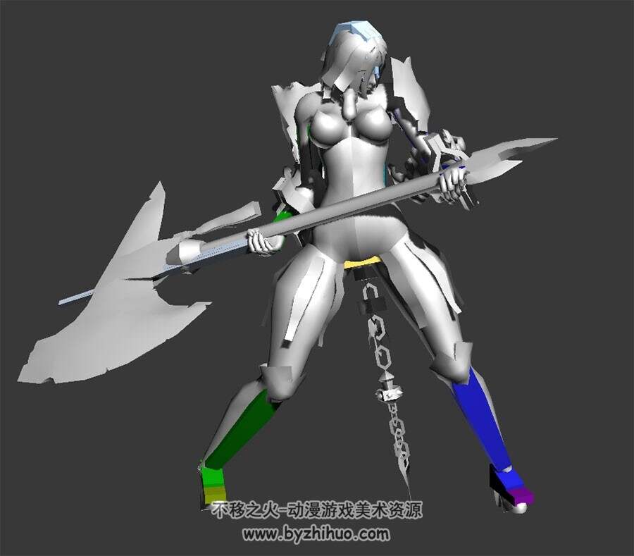 带骨骼巨斧力士女待机动作游戏角色3DMax模型分享