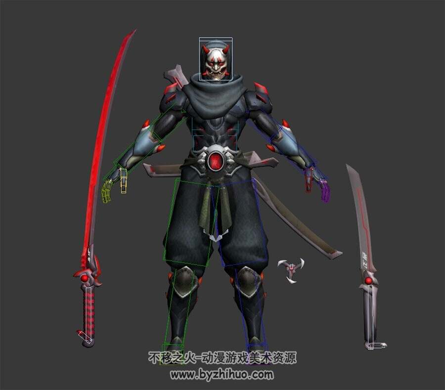 游戏角色日系风格武士鬼刃懒人绑定及武器3DMax高精模型下载