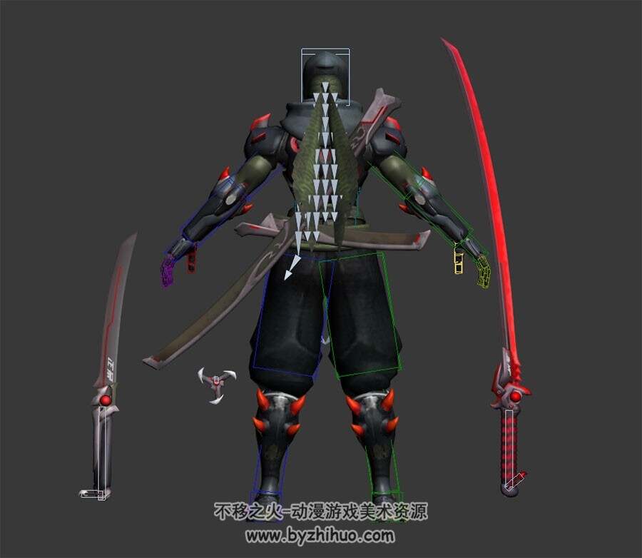 游戏角色日系风格武士鬼刃懒人绑定及武器3DMax高精模型下载