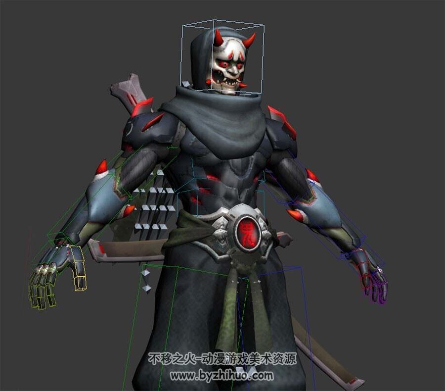 游戏角色日系风格武士鬼刃懒人绑定及武器3DMax高精模型下载