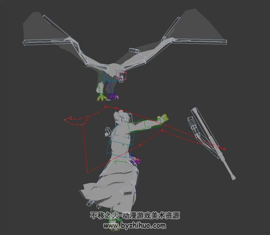 中式仙侠游戏角色哑仆鹰3DMax模型全套动作带绑定无贴图下载