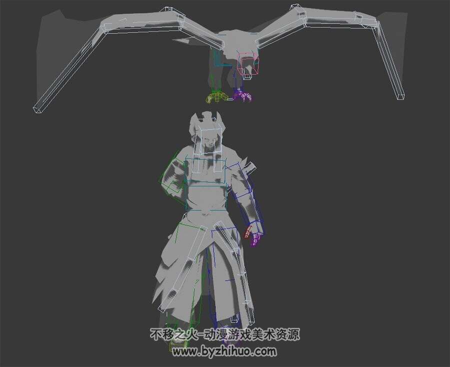 中式仙侠游戏角色哑仆鹰3DMax模型全套动作带绑定无贴图下载