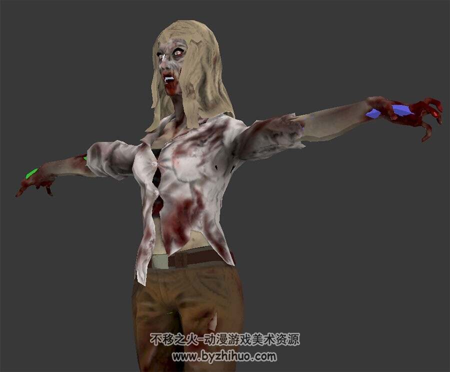 现代都市游戏角色丧尸僵尸女3DMax模型带骨骼四边面下载
