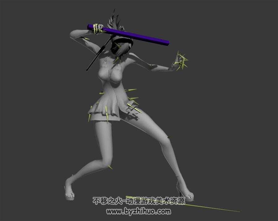 游戏角色女带武器一系列攻击动作3DMax模型带骨骼下载