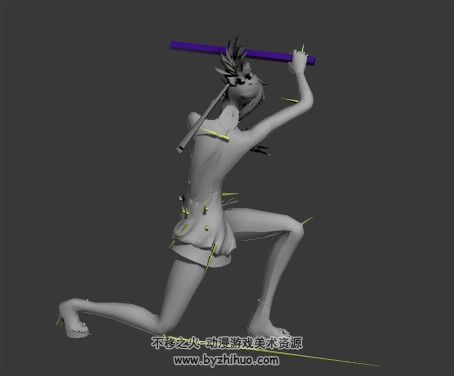 游戏角色女带武器一系列攻击动作3dmax模型带骨骼下载