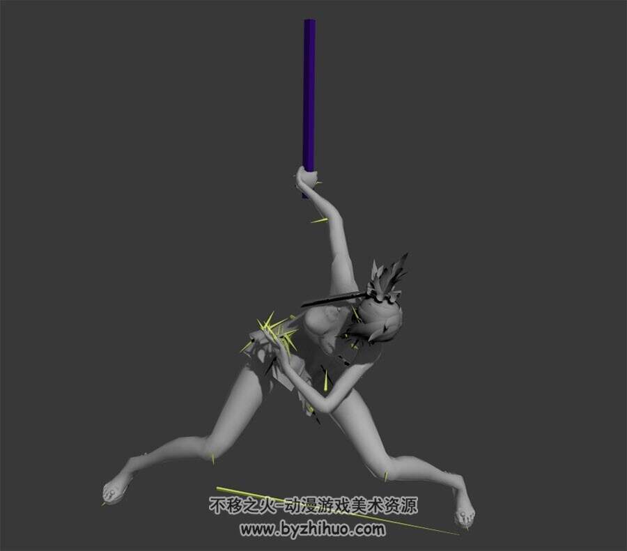 游戏角色女带武器一系列攻击动作3DMax模型带骨骼下载