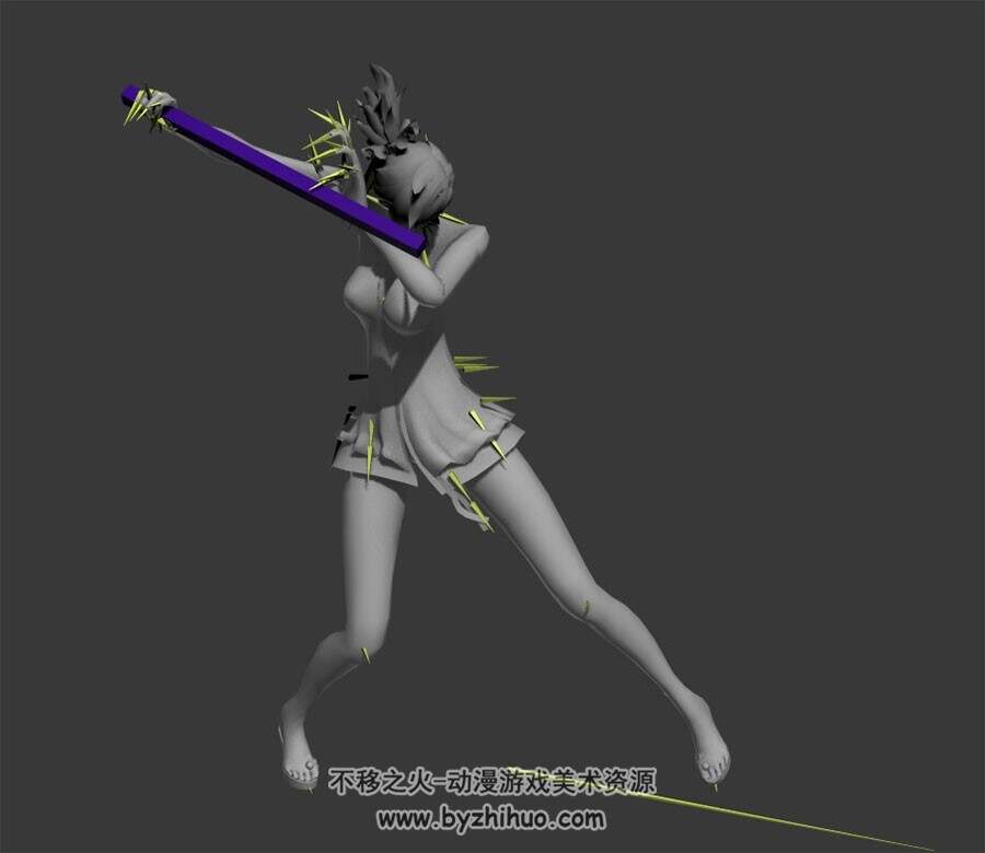 游戏角色女带武器一系列攻击动作3dmax模型带骨骼下载
