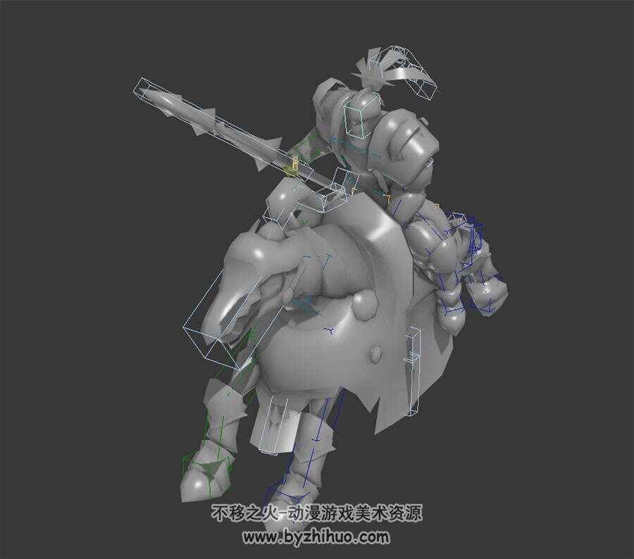 欧美古装重甲战士带枪骑马奔跑动作3DMax模型带绑定
